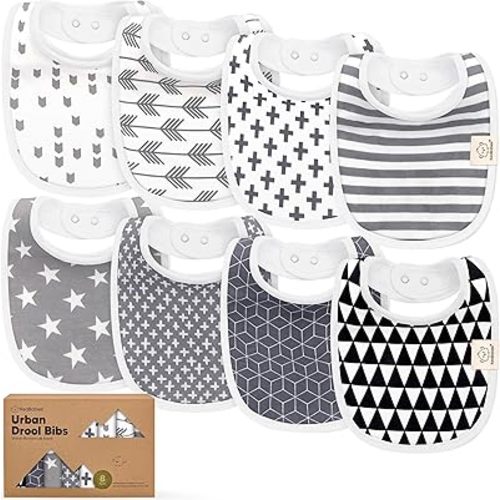 8-Pack Organic Baby Bibs for Boys, Girls - Soft Cotton Drooling and Teething Bibs for Baby Girl & Boy, Extra Absorbent, Easy To Clean & Put On for Toddler, Newborn, Infant 0-24 Months(Grayscale)