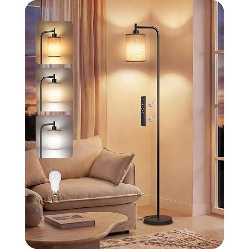 Dimmable Floor Lamp for Living Room with Remote and Foot Switch, Modern Standing, Corner Lamp,10W Bulb 3 Color Temperatures, for Bedroom, Office, Corner, ETL Listed, Black and Beige E19LD05