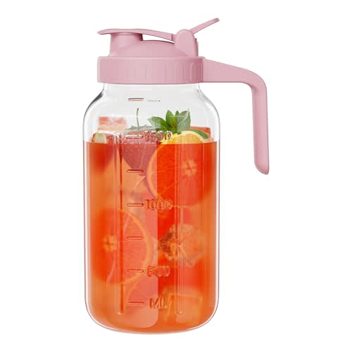 Glass Mason Jar Pitcher, 64 oz Wide Mouth Jug with Pour Spout Handle Lid for Cold Brew Coffee, Ice Beverage, Iced Juice, Lemonade, Sun Tea, Fruit Drinks Container(Pink)
