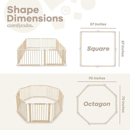 Baby Playpen & Baby Gate for Toddler and Babies, Foldable Wooden Large Shape & Size Adjustable Playard, Play Fence with Locking Gate Activity Center, Toddler Fence Play Area Indoor by Comfy Cubs - Natural Wood