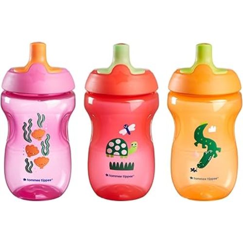 Tommee Tippee Sportee Water Bottle, for 12m+, 10oz, Pack of 3 Non-Spill Sippy Cups for Toddlers, Pink, Red and Orange, with Bite-Resistant Spout, Easy-Hold and BPA Free