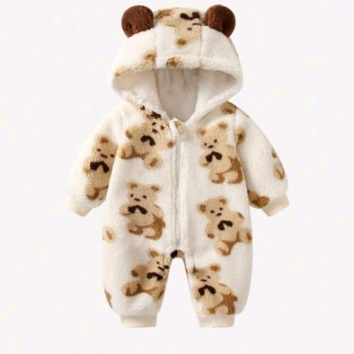 Baby Girl Bear Pattern 3D Ear Design Hooded Teddy Jumpsuit