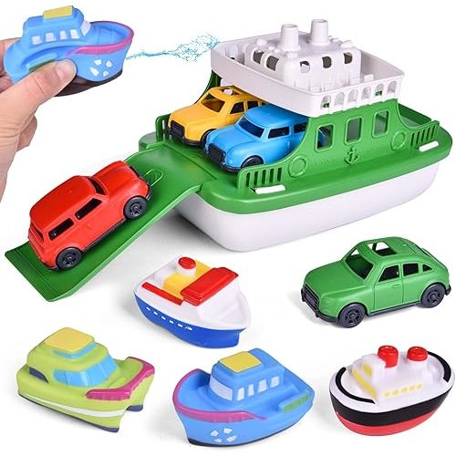 Toy Boat Bath Toys for Toddlers with 4 Mini Car Toys and 4 Bath Boat Squirters, Kids Ferry Boat for Bathtub Bathroom Pool Beach Toys