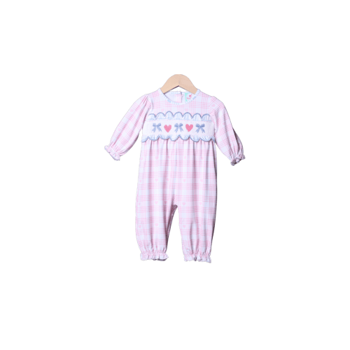 Smocked Sweetheart Bow Pink and Blue Gingham Romper