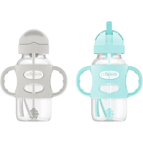 Dr. Brown's Milestones Wide-Neck Sippy Straw Bottle with 100% Silicone Handles and Weighted Straw, 9 oz/270 mL, Gray & Green, 6m+