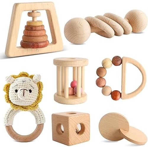Wooden Montessori Toys 7PCS Wooden Baby Toy for Babies 12-36 Months, Natural Wood Rattle Toy Set with Crochet Lion Rattle, Gift for Infant Boys Girls