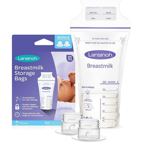 Lansinoh Breastmilk Storage Bags, 50 Count with 2 Pump Adapters, Easy to Use Milk Storage Bags for Breastfeeding, Presterilized, Hygienically Doubled-Sealed, for Refrigeration and Freezing, 6 Ounce - 52.0