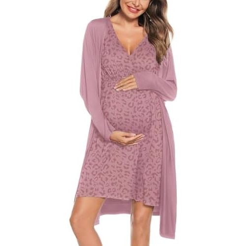 SWOMOG Women Maternity Nursing Gown and Robe Set 3 in 1 Labor Delivery Nursing Nightgown for Breastfeeding Hospital Bathrobe