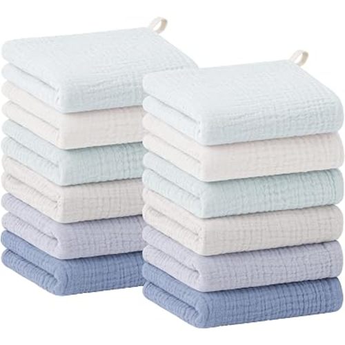 Bearmoss 12 Pack Baby Muslin Washcloths, 100% Cotton Soft Face Towels, 10"x10" Absorbent Bath Wash Cloths and Burp Cloths for Newborn Infants Kids Girls & Boys (Blue Gray)