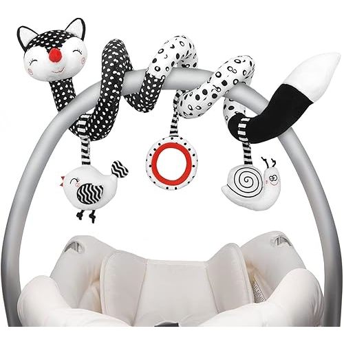 Euyecety Baby Spiral Plush Toys, Black White Stroller Toy Stretch & Spiral Activity Toy Car Seat Toys, Hanging Rattle Toys for Crib Mobile, Newborn Sensory Toy Best Gift for 0 3 6 9 12 Months Baby-Fox