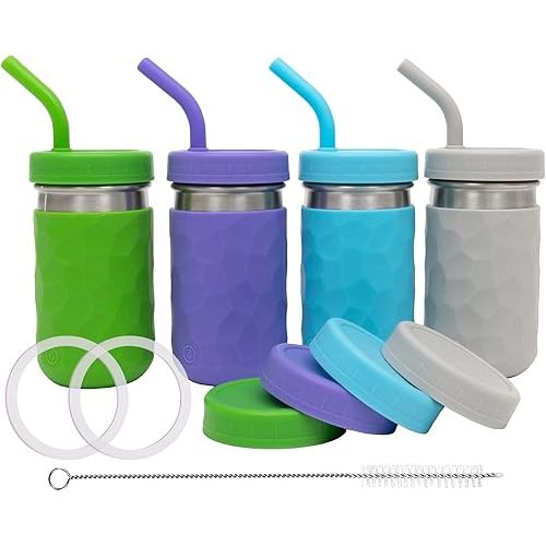 WeeSprout 2-in-1 Drinking Cups for Kids, Durable Stainless Steel Tumbler for Smoothies, Silicone Straws with Stoppers, Premium Plastic Twist Lids, Easy-Grip Sleeves, Set of 4 Dishwasher Safe Kid Cups