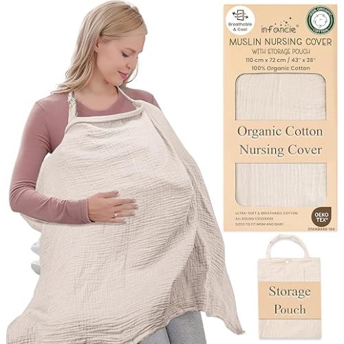 Organic Cotton Nursing Cover - 43 x 28 Inch Breathable Muslin Breastfeeding Cover, Multi-Purpose for Women (Ivory)