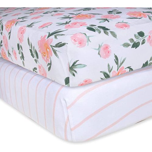 Burts Bees Baby Fitted Crib Sheet Organic Cotton BEESNUG - Autumn Bloom and Stripe Prints, Fits Unisex Standard Bed and Toddler Mattress, Infant Essentials, 28 x 52 x 5.5 Inch 2-Packs - Autumn Blooms 2-pk