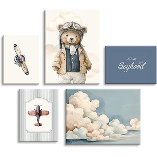 Teddy Bear Nursery Wall Art Decor Vintage Boy Room Pictures Baby Boy Nursery Canvas Wall Decor Blue Vintage Airplane Poster Kids Travel Aviation Prints for Playroom Bedroom 8x10x5 Inch Wrapped Canvas