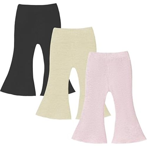 U·nikaka 3 Pack Baby Girl Flare Pants Solid Toddler Leggings Newborn Ribbed Ruffle Bell Bottoms Cotton Infant Pants Trousers
