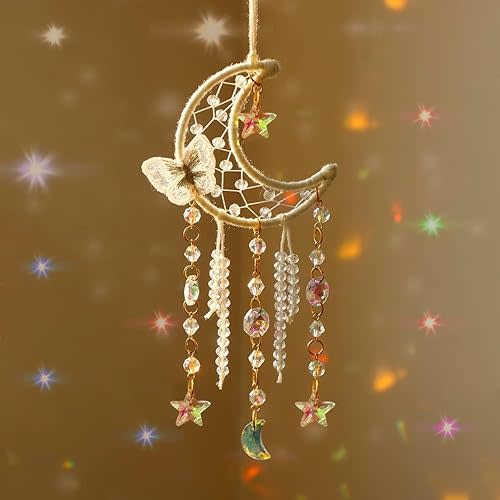 Artilady Dream Catcher for Girls - White Butterfly Small Moon Dream Catchers with Crystals Cute Room Decor for Teen Girls Boys Boho Bedroom Wall Home Decorations Birthday Christmas Women Gifts