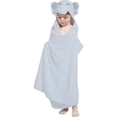 HIPHOP PANDA Hooded Towel for Kids - Viscose Derived from Bamboo, 30 X 50 INCH Large Size for 3-10 Yrs - Premium Kids Bath Towel Beach Towels Wrap for Girls, Boys, Grey Elephant