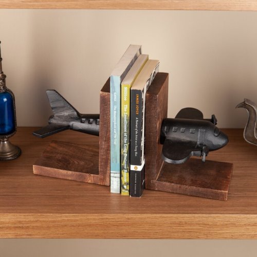Airplane Metal and Wood Non Skid Bookends