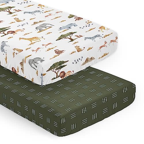 Sweet Jojo Designs 2-Piece Baby Crib Sheets Set (Jungle Safari Animals) for Boys or Girls, Infant Nursery, Toddler Room - Standard Size (Neutral, Wildlife, Animal, Elephant, Zebra, Lion, Mountains)