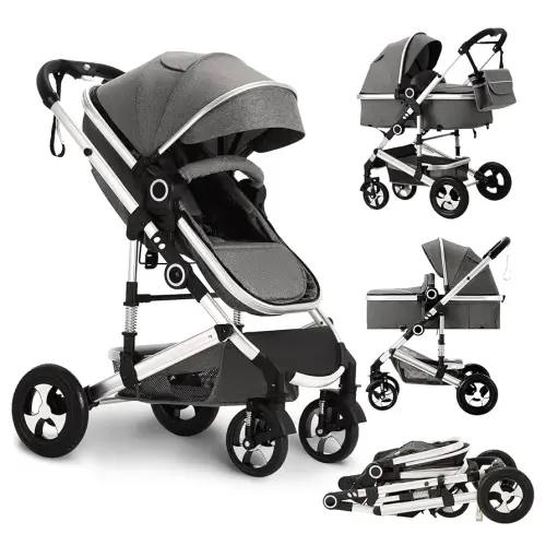 Convertible Baby Stroller, 3 in 1 Folding Infant Stroller, High Landscape Pushchair w/Adjustable Backrest & Canopy, Newborn Pram with Foot Cover, Storage Basket, Dark Grey