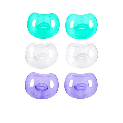 BeeBee 6 Pacifiers Soft Silicone Orthodontic Shaped Newborn Soothie to Promote Natural Sucking for Baby Boys and Girls | BPA-Free and Safe for 0 to 6 Months Infants - Pack of 6, (Clear, Lilac, Green) - 0-6 Month