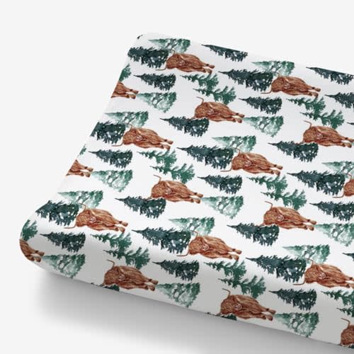 HawSkgFub Highland Cow Pine Tree Changing Pad Cover for Baby Girl Boy, Natural Western Farm Animal Diaper Change Table Covers, Soft Stretchy Safe Snug Fitted Changing Mat Sheet Fit 32"/34" x 16"