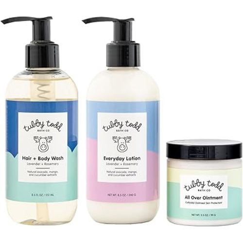 TUBBY TODD 3-Step Baby Bath & Skincare Routine - The Regulars Bundle - 8.5oz Baby Shampoo and Body Wash, 8.5oz Everyday Lotion & 3.5oz All Over Ointment - Lavender Rosemary