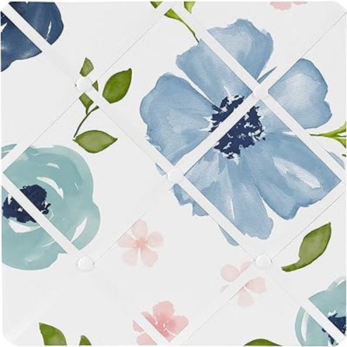 Sweet Jojo Designs Navy Blue and Pink Watercolor Floral Fabric Memory Memo Photo Bulletin Board - Blush, Green and White Shabby Chic Rose Flower