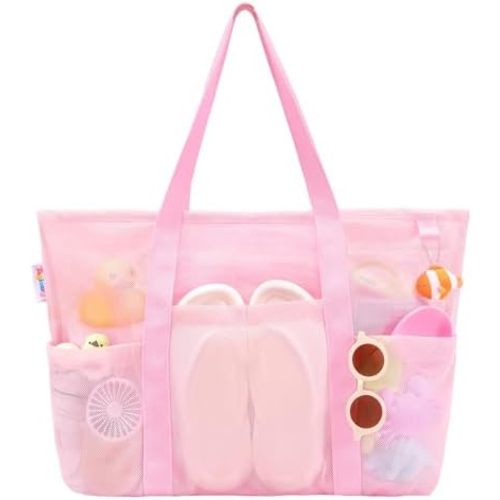 Tagitary Mesh Beach Bag with Zipper Large Beach Tote Waterproof Sandproof with 8 Pockets for Toys Pool Bag Beach Accessories