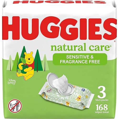 Sensitive Baby Wipes, Huggies Natural Care Baby Diaper Wipes, Unscented, Hypoallergenic, 99% Purified Water, 3 Flip-Top Packs (168 Wipes Total)