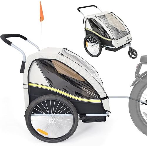 LEOGUAR Bike Trailer for Kids, Stroller, Suitable for 1 to 2 Kids, 5-Point Harness, Padded seat and Backrest, Folding Frame, Quick Release Wheels, 8" Swivel Front Wheel, Bug Screen & Weather Shield