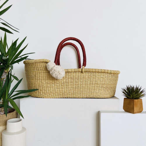 Wheatgrass African Moses Basket Cognac Handle