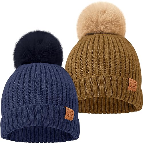 2-Pack Baby Hats for Girls, Boys - Stretchy Baby Beanies, Cute Newborn & Toddler Winter Hat, Soft & Warm Pom Pom Beanie for Infant, Toddler, Boys, Girls 0-6 Months (Blast, S)