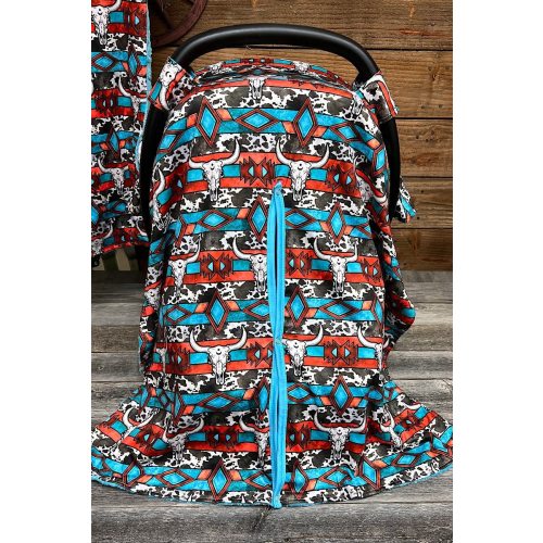 Aztec, Cow Print, Turquoise Skull Cowboy Western, Rodeo, Minky Baby Car Seat Cover