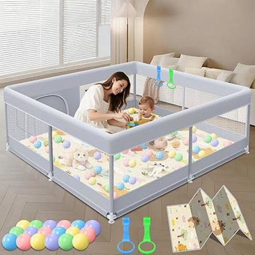 Baby Playpen with Mat, 50x50 Inch Play Pen, Playpen for Babies and Toddlers, Baby Playard for Indoor & Outdoor Active Center Game Fence, with Skin-Friendly Fabric and Soft Breathable Mesh