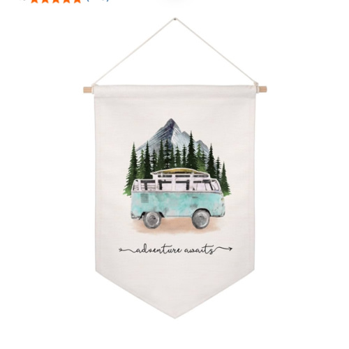 Adventure Awaits Hanging Banner Nursery Wall Art Kids Room Decor Inspirational Sign Travel Theme Decor Playroom Decor Woodland Boho Canvas Banner Kids Room Wall Decor Kids Art Neutral Nursery Decor