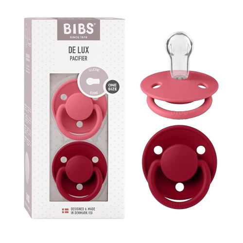 Bibs DE LUX Soother 2 Pack, Cherry Shaped Nipple, BPA Free, Silicone Dummy Pacifier, OneSize, Coral/Ruby