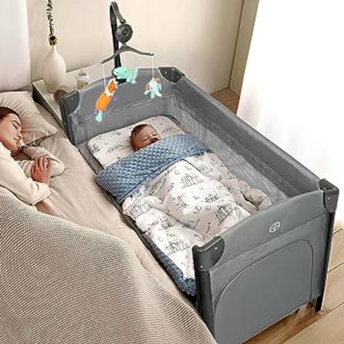Baby Bedside Bassinet, Extra Large Bed Side Bassinet, Pack n Play Convert Playpen, Quick Foldable Travel Bassinet Bed, with Toy, Wheels & Brake, Carry Bag for Boys Girls