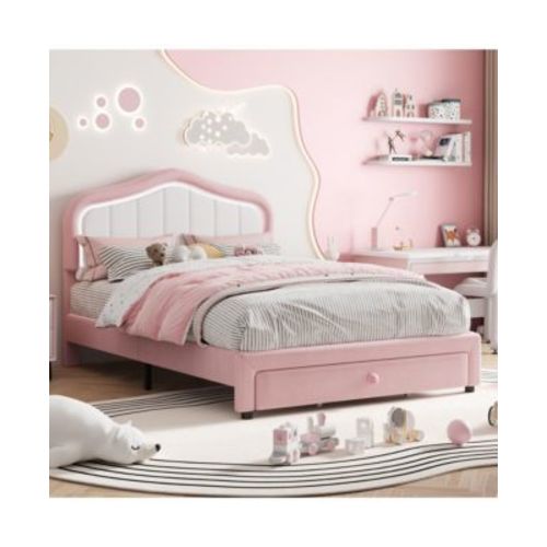 Twin Upholstered Bed Frame with Storage Drawers, Cute Girls & Boys Bed with Adjustable Headboard