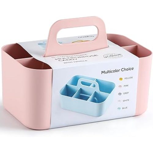 Multiuse Caddy Organizer with Handle - Stackable Plastic Tote Bin - Art Craft Supplies, Office, Desk, Stationery Pen Holder, Kitchen, Utensil, Makeup, Bathroom, Shower, Cleaning, Dorm Organizer - Pink