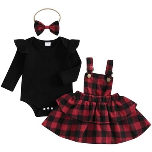 Mubineo Baby Girl Christmas Clothes Plaid Outfits Long Sleeve Romper Overall Skirt Dress Cute Newborn Outfit