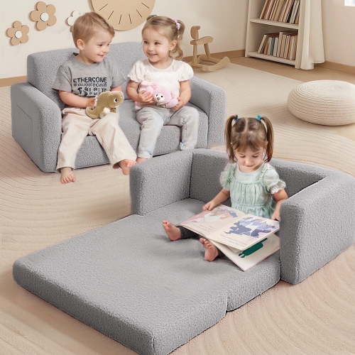 Kids Couch, Caveen Extra Wide Toddler Couch Fold Out, Baby Sofa Chair Comfy for Birthday Gift, Children's Day, Grey