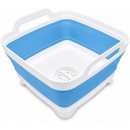 2.4 Gal(9L) Collapsible Dish Basin with Drain Plug, Space Saving Outdoor Multiuse Foldable Sink Tub, Dishpan, Kitchen Storage Tray for Camping, Vegetable Washing, RV (Blue)