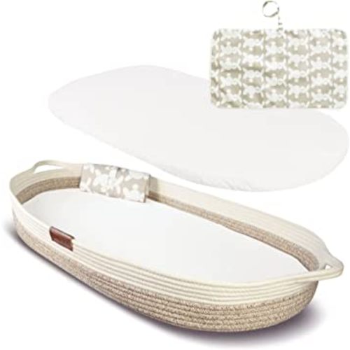 Yunioo Deluxe Baby Changing Basket with Extra Travel Diaper pad, Foam Changing pad and Water Repellent Cover, Cotton Rope Moses Basket, Changing Table Topper for Dresser (Sydeny, White Beige)