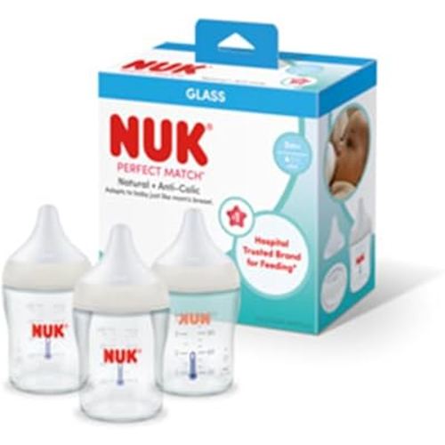 NUK Perfect Match Glass Natural + Anti-Colic Bottle, 4 oz. Glass Baby Bottles with SafeTemp Temperature Indicator, Newborn Essentials, 3-Pack