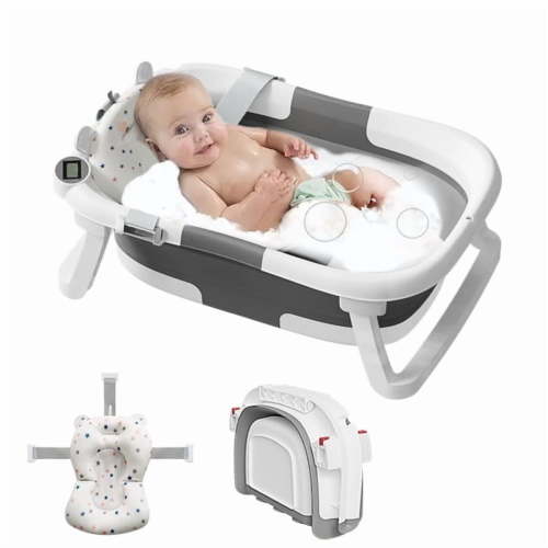 Tumajup Collapsible Baby Bathtub with Soft Bath Cushion&Thermometer Gray