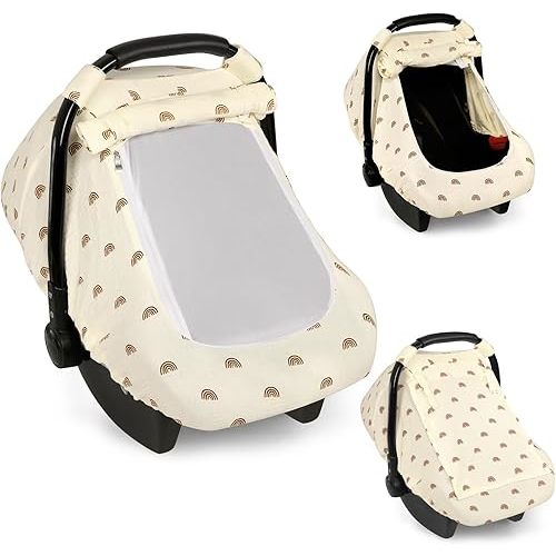 Hooyax Muslin Car Seat Cover Baby - Breathable and Privacy Car Seat Canopy with 3 Modes - Easy Install & Gift Box Packaging, Universal Fit for Infant Car Seats, Rainbow