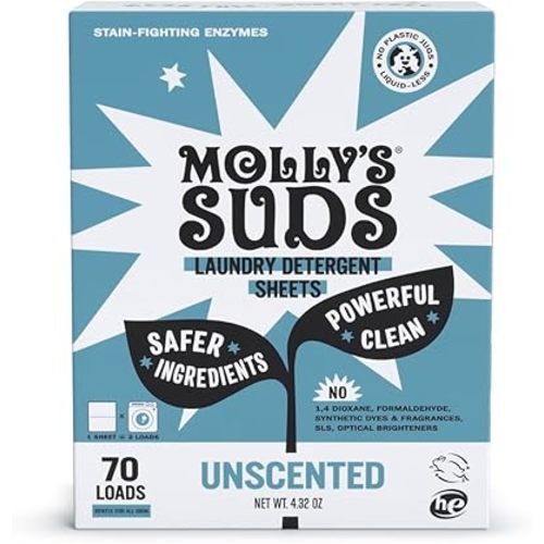 Molly’s Suds Laundry Detergent Sheets | Gentle on Sensitive Skin, Powerful Bio-Based Enzymes, Stain-Fighting | Liquidless & Plastic-Free Packaging | 70 Loads (Unscented)