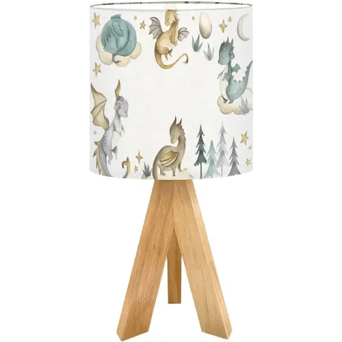 Tripod Bedside Desk Table Lamp Dragon Baby Animals Watercolor Wood Nightstand Lamp with Linen Fabric Shade for Nursery Bedroom Living Room Kids Room
