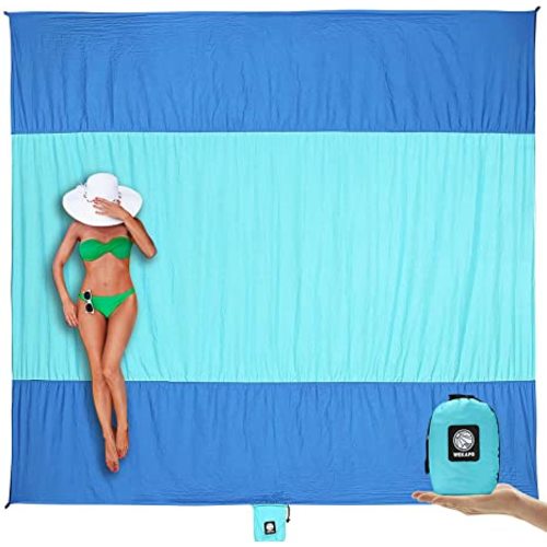WEKAPO Beach Blanket Sandproof Waterproof, Extra Large Beach Mat, Oversized & Compact Sand Free Mat Quick Drying, Lightweight & Durable with 6 Stakes & 4 Corner Pockets